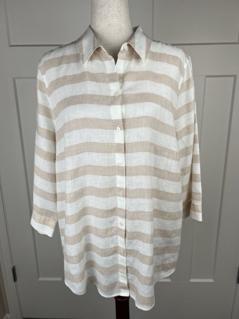 Chico's Linen Button Front Shirt Women's Size 3 Beige White Stripe Oversized